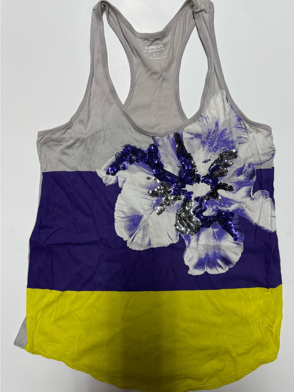 Express Gray Purple Yellow Floral Sequin Racerback Tank